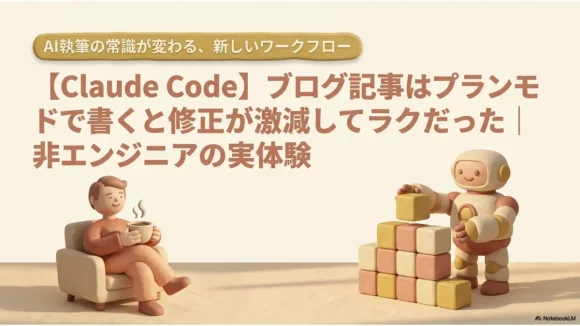 【Claude Code】ブログ記事はプランモードで書くと修正が激減する、を表した記事タイトル画像
