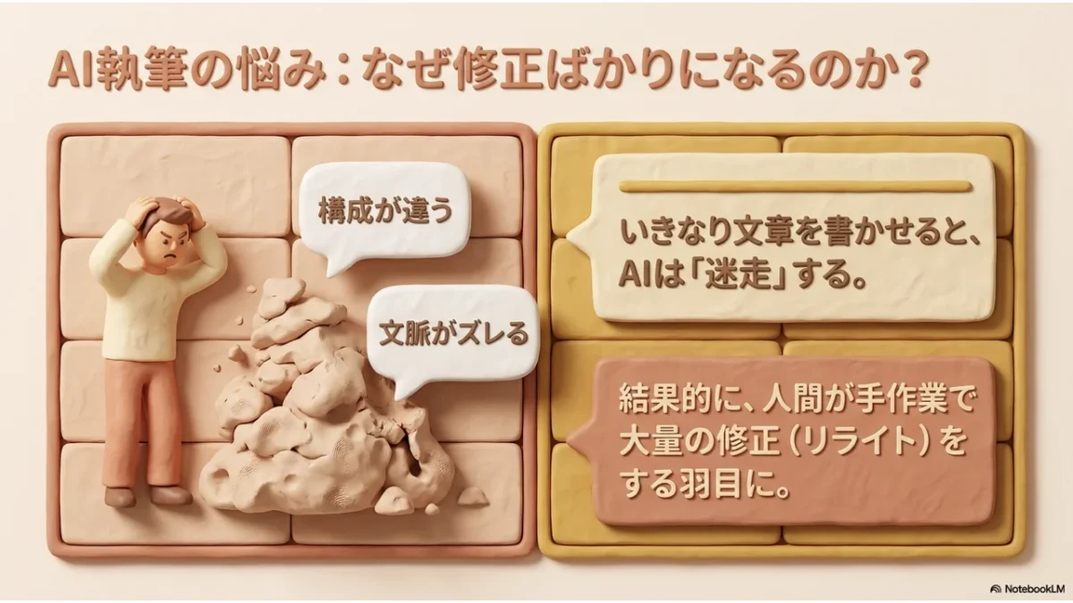 いきなりAIに書かせると構成が違う・文脈がズレて、結局あとから人間が大量の修正をする羽目になることを表した図
