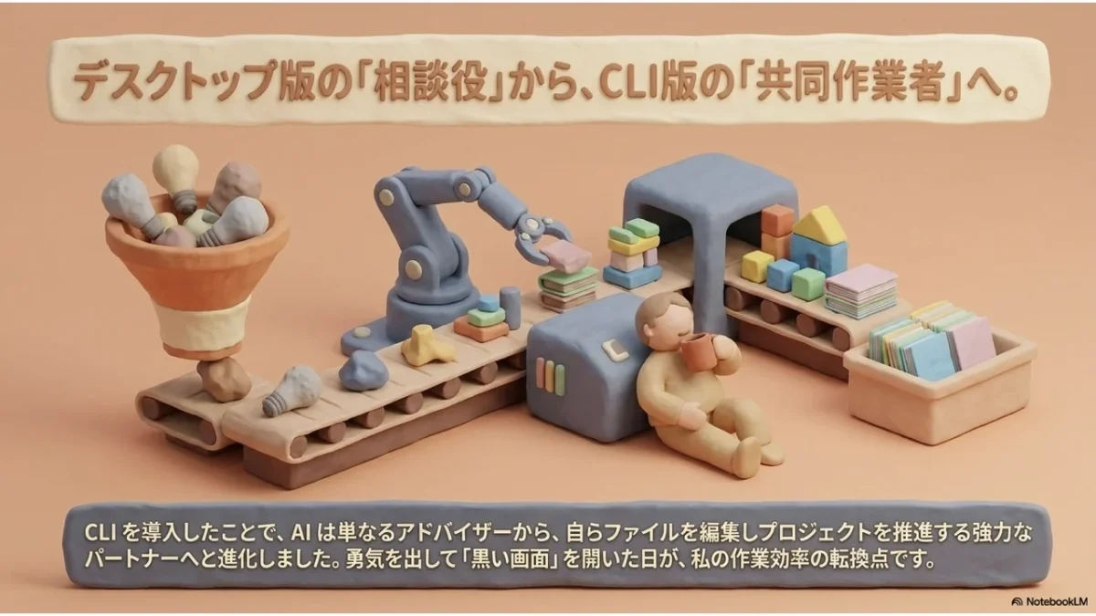 デスクトップ版の「相談役」から、CLI版の「共同作業者」へ。AIが自らファイルを編集してプロジェクトを進める転換点を表したまとめ画像