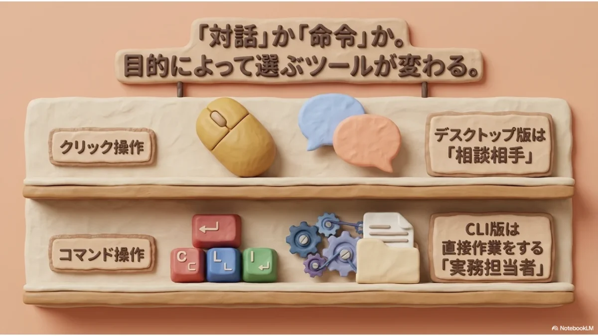 デスクトップ版は「相談相手」、CLI版は「実務担当者」。対話か命令か、目的によって選ぶツールが変わることを表した図解
