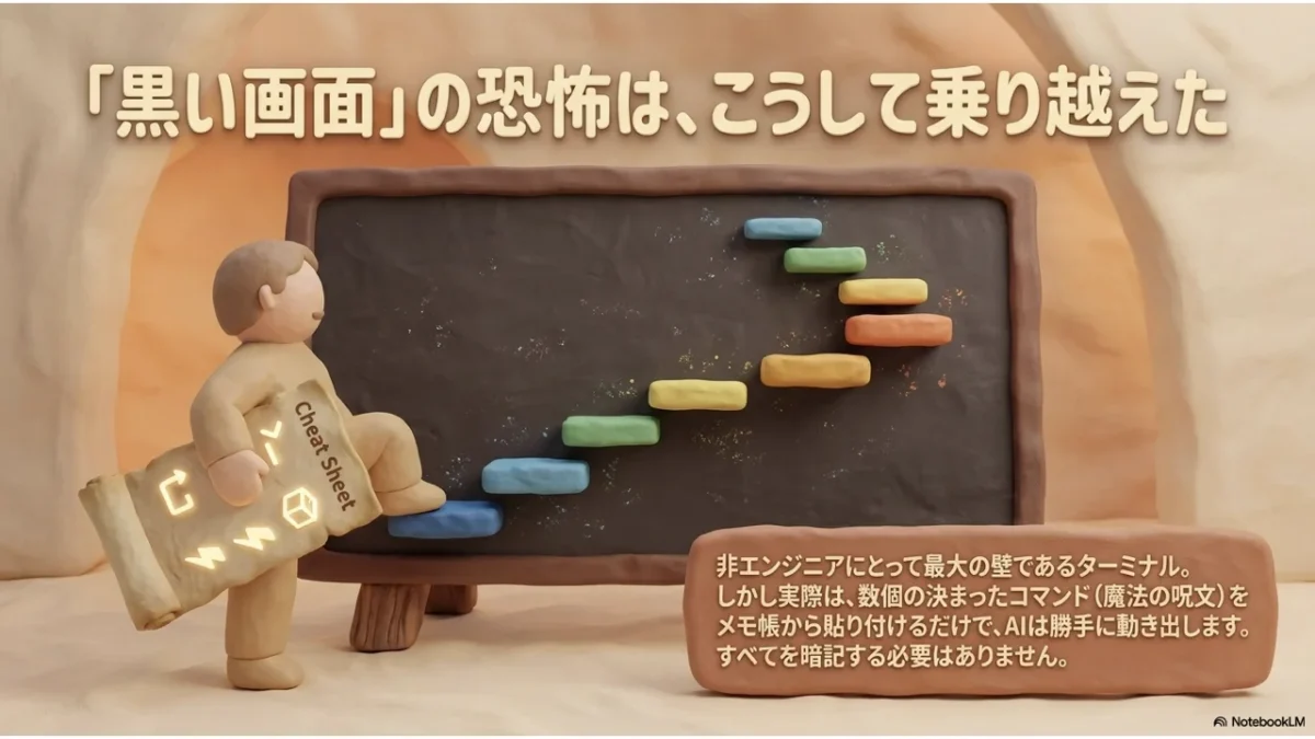 黒い画面（ターミナル）の恐怖も、決まったコマンドをメモから貼り付けるだけで乗り越えられることを表した図
