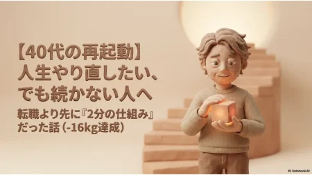 【40代の再起動】人生やり直したい、でも続かない人へ。転職より先に2分の仕組みで-16kgを達成したこの記事のタイトル画像