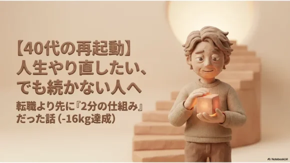 【40代の再起動】人生やり直したい、でも続かない人へ。転職より先に2分の仕組みで-16kgを達成したこの記事のタイトル画像