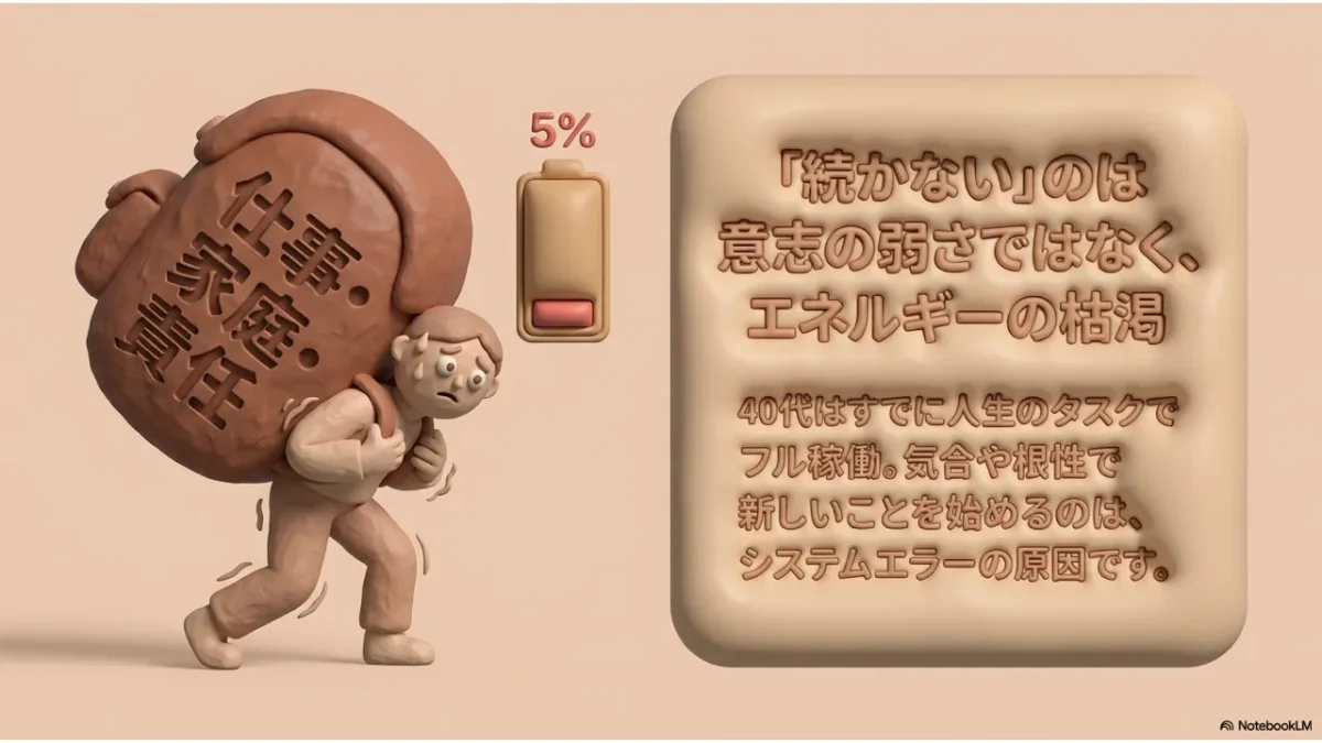 続かないのは意志の弱さではなく、気合や根性というエネルギーの枯渇が原因だと示すクレイ風の図解