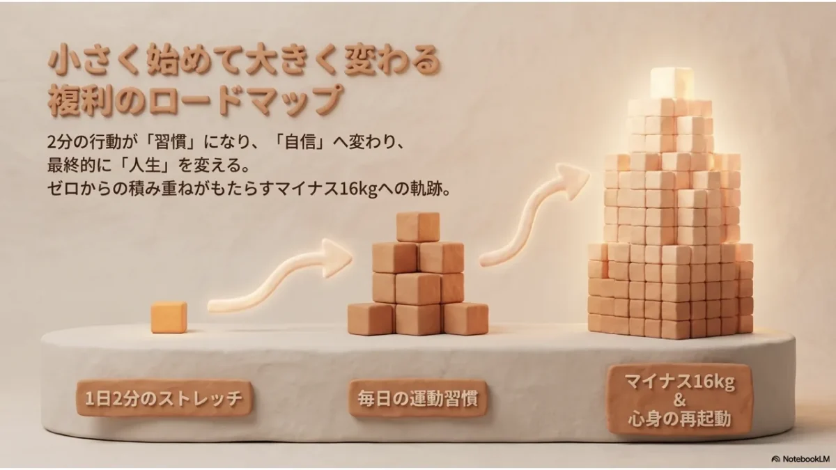 3日2分のストレッチから毎日の運動習慣、そして-16kgと心身の再起動へ。小さく始めて大きく変わる複利のロードマップのクレイ風図解