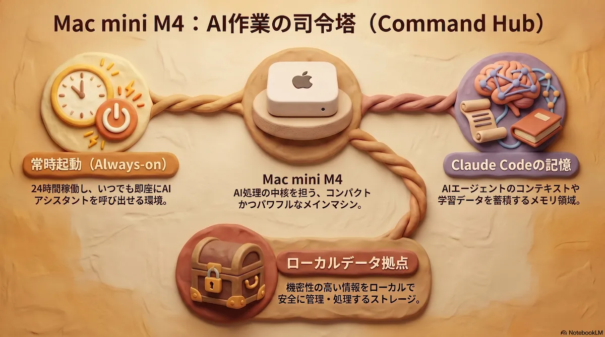 Mac mini M4を中核に常時起動・ローカルデータ拠点・Claude Codeの記憶の3要素が連動するAI作業環境を粘土風に図解したアイキャッチ