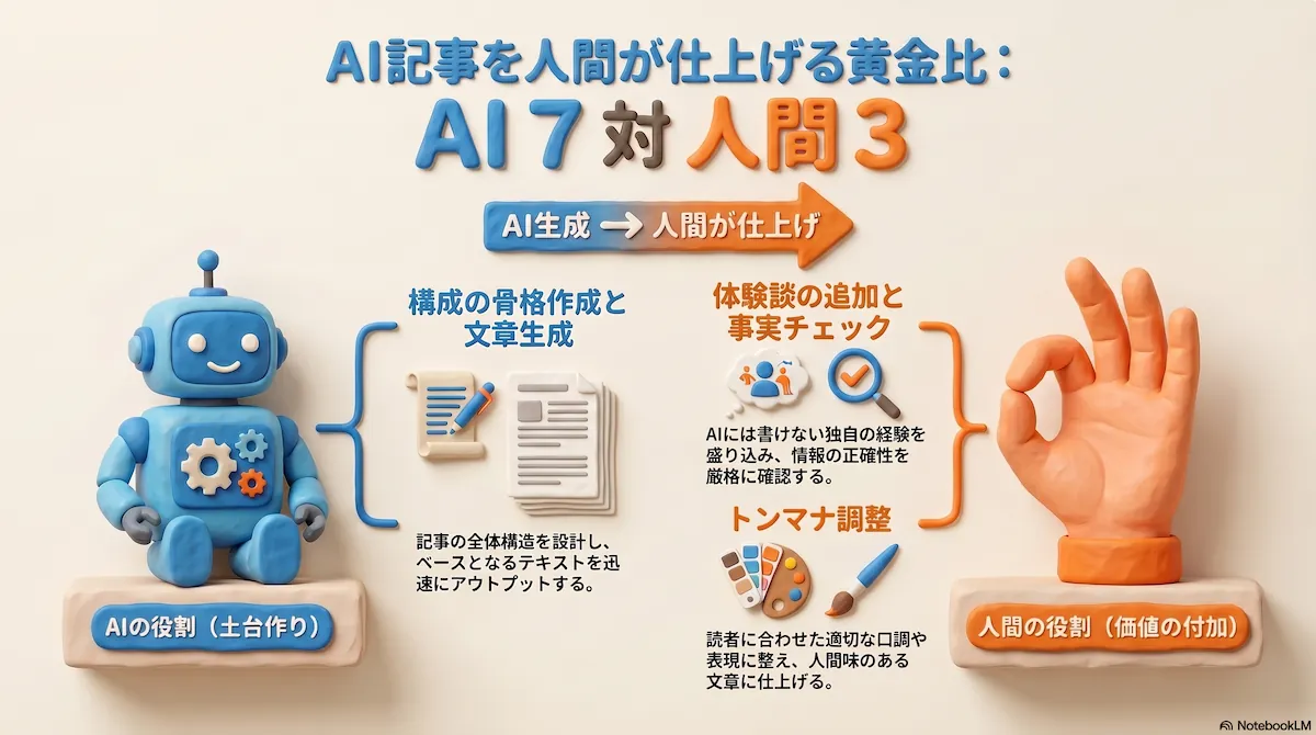 AIが7割で構成の骨格作成と文章生成、人間が3割で体験談の追加・事実チェック・トンマナ調整を担う記事制作の役割分担を粘土風に図解したアイキャッチ