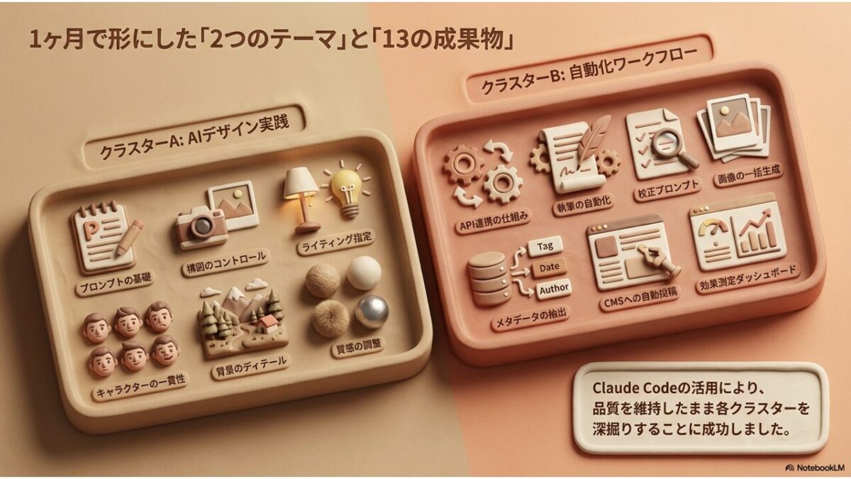 1ヶ月で形にした「2つのテーマ」と「13の成果物」|クラスターAはAIデザイン実践・クラスターBは自動化ワークフロー