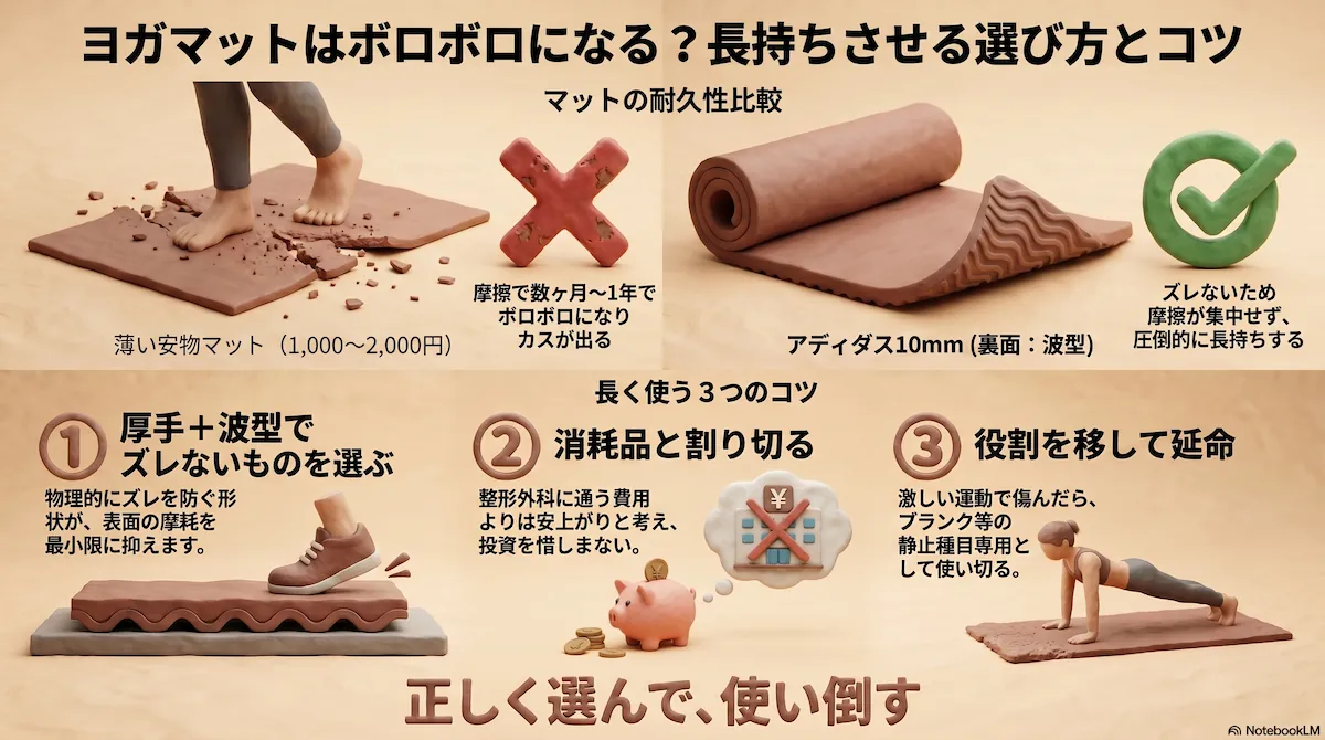 薄い安物マットは摩擦で数ヶ月〜1年でボロボロ、アディダス10mm波型はズレず長持ち。厚手選び・消耗品割り切り・役割移行の3つのコツを示す図解