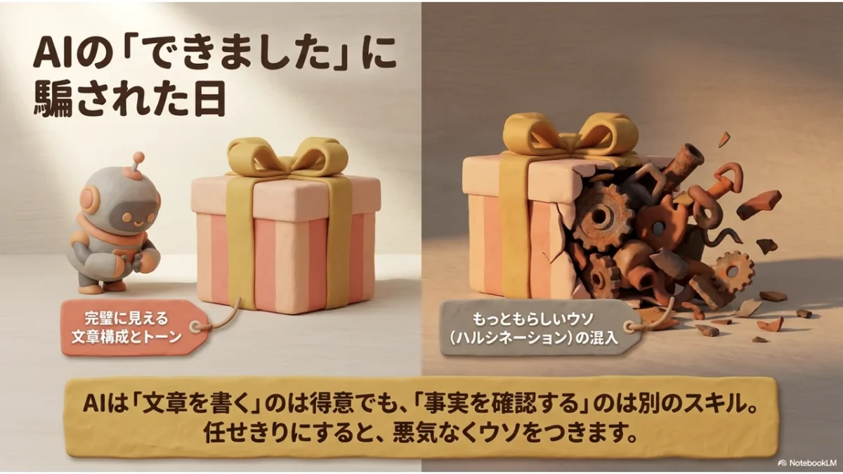 AIの「できました」に騙された日——完璧に見える文章構成の中に、もっともらしいウソ（ハルシネーション）が混入しているイメージ図