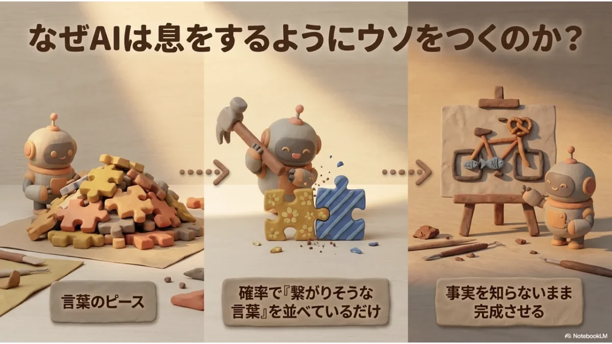 なぜAIは息をするようにウソをつくのか——言葉のピースを確率で並べ、事実を知らないまま完成させる仕組みの3コマ図解