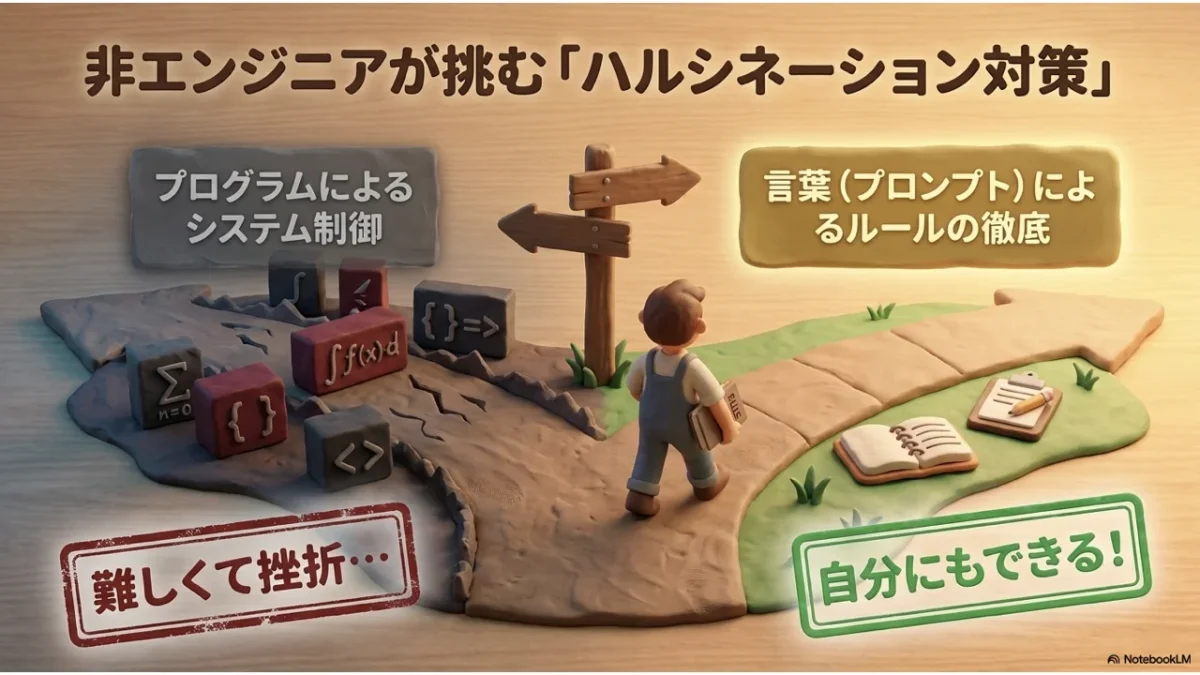 非エンジニアが挑むハルシネーション対策——プログラムによる制御は挫折、言葉（プロンプト）によるルールなら自分にもできるという分かれ道の図