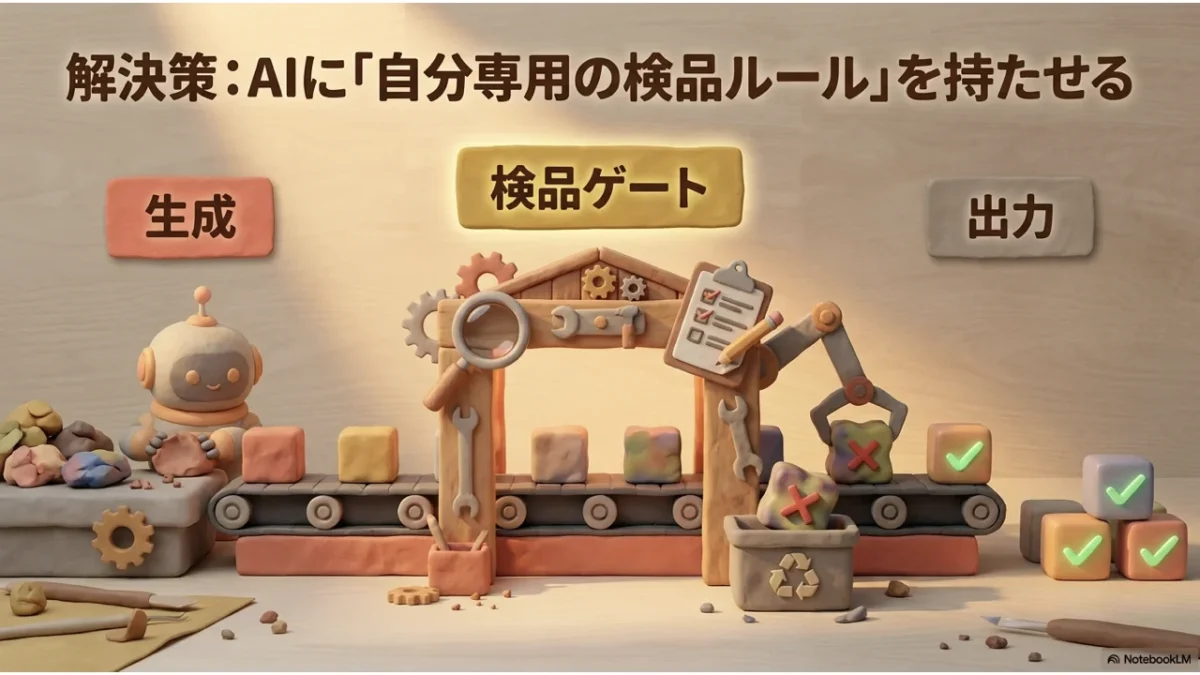 解決策：AIに自分専用の検品ルールを持たせる——生成と出力のあいだに検品ゲートを置く仕組みの図解