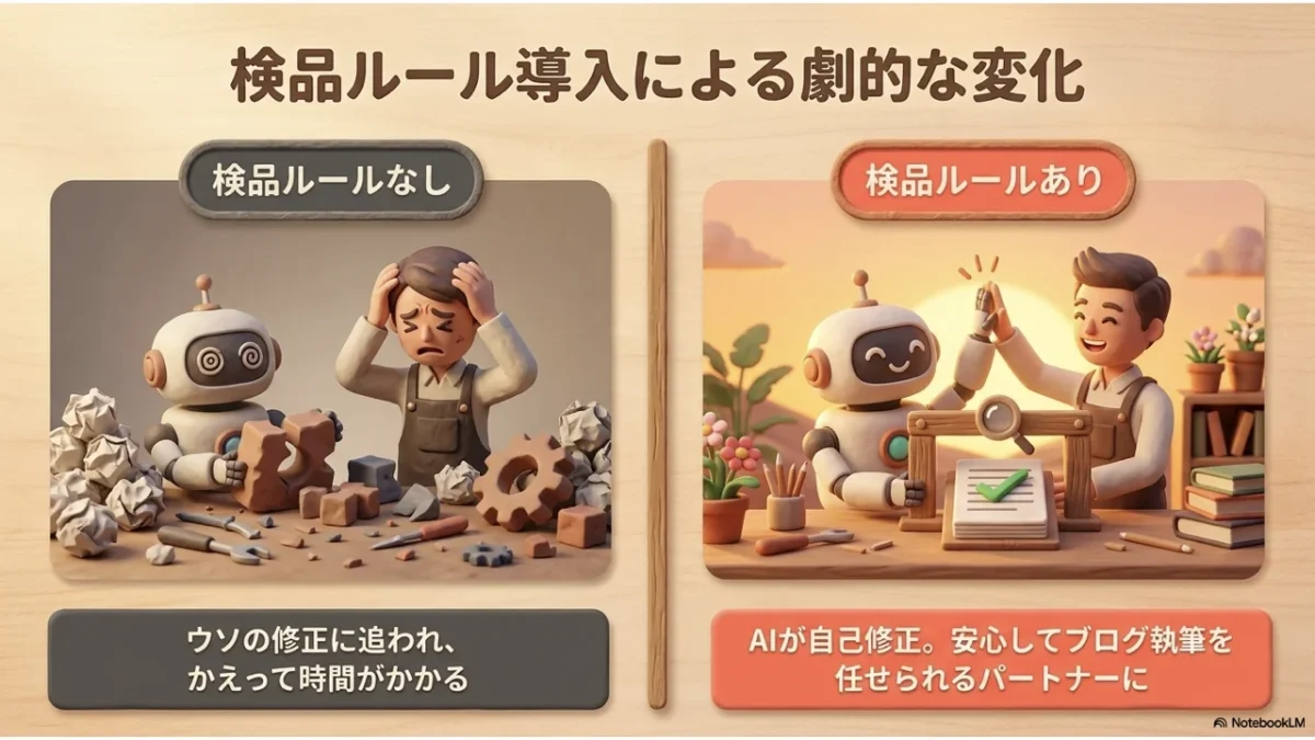 検品ルール導入による劇的な変化——ウソの修正に追われる状態から、AIが自己修正して安心して任せられるパートナーになるビフォーアフター