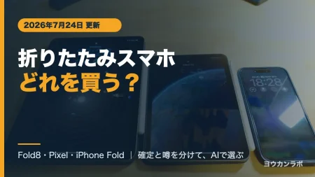 折りたたみスマホをAIで選ぶ記事のアイキャッチ。iPad Pro・iPad mini 6・iPhone 15 Pro Maxを並べた写真が背景