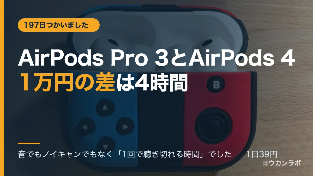 AirPods Pro 3とAirPods 4の1万円の差は4時間だと示すアイキャッチ。ジョイコン型ケースに入ったAirPods Pro 3の実機写真