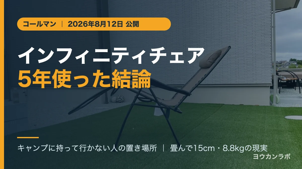 コールマン インフィニティチェアを5年使った結論。庭に広げた実物の写真に記事タイトルを重ねたアイキャッチ