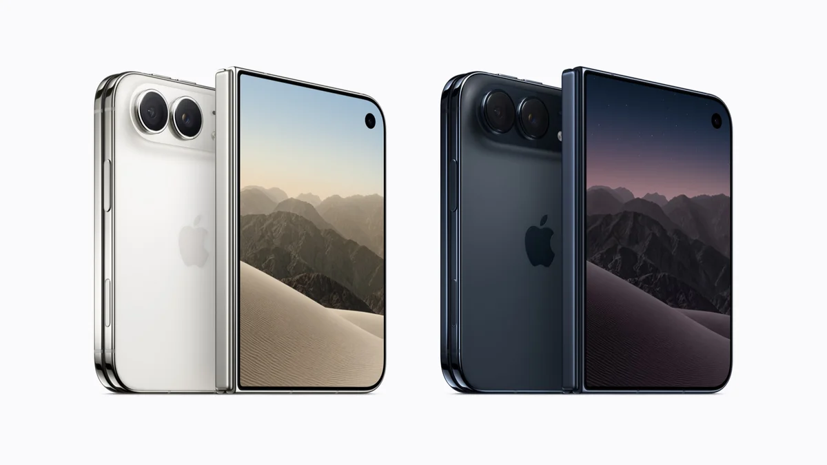 iPhone Duoのスターホワイトとナイトスカイ。背面の左上にカメラのレンズが2つ並んでいる(Apple Newsroomの発表写真)