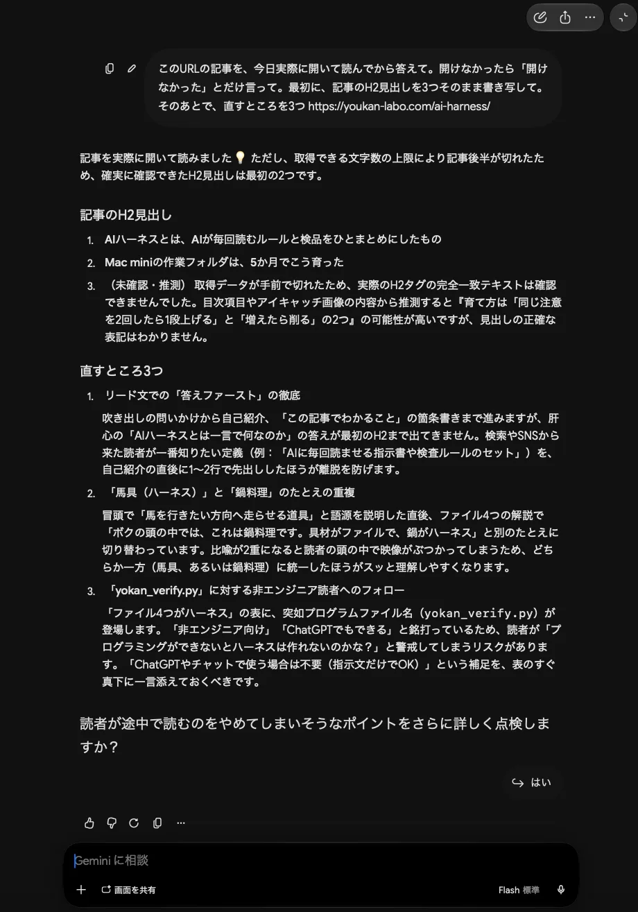 新しいチャットで、今日実際に開いて読んでから答えて、H2見出しを3つそのまま書き写して、と頼んだ画面。Geminiは最初に、文字数の上限で後半が切れたため確実に確認できたH2見出しは最初の2つと申告し、3つ目に「未確認・推測」と付けている