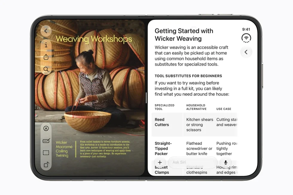 開いたiPhone Duoの左右に、2つのアプリを並べた画面(Apple Newsroomの発表写真)
