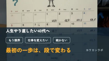 人生やり直したい40代へ、もう限界・仕事を変えたい・続かない、最初の一歩は段で変わる、と書かれたアイキャッチ。背景は毎朝の体重を手書きした卓上カレンダー