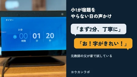 小1が宿題をやらない日の声かけ「まず2分、丁寧に」「お！字がきれい！」と、2分タイマーの画面