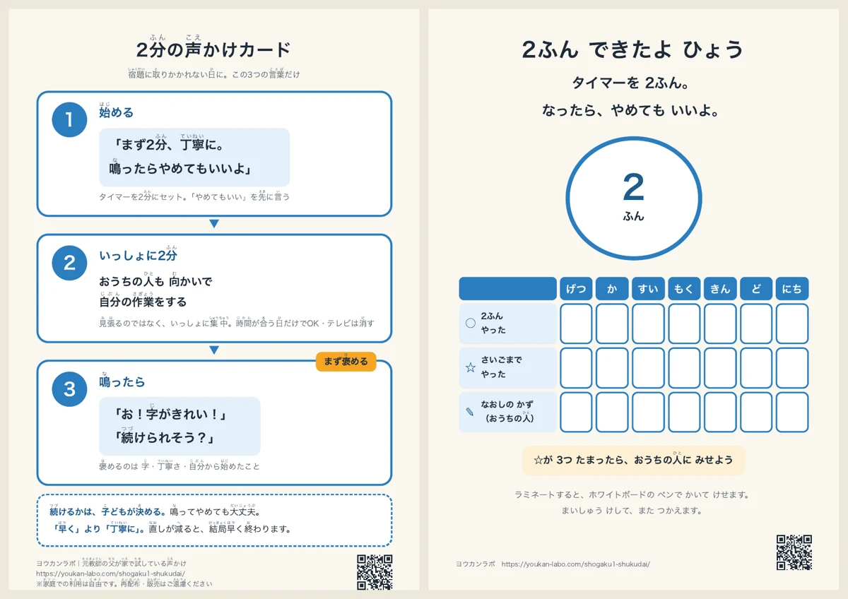 印刷用の2分の声かけカードの見本。表は親の声かけ3ステップ、裏は子どもが印をつける1週間の表